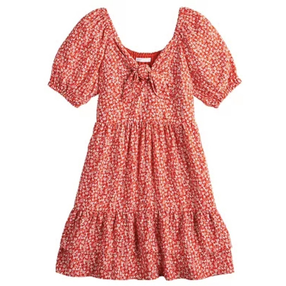 Lauren Conrad Women Sz S Peasant Mini Dress Ditsy Floral Tier Red Boho Tie Front - Picture 11 of 11